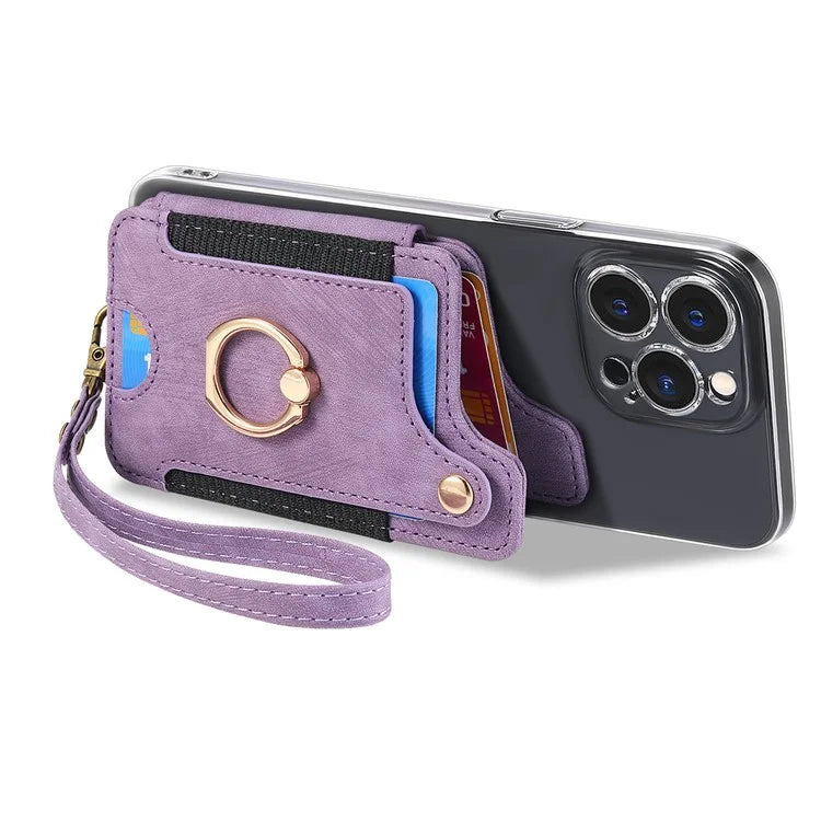 KB-36 Retro Card Holder Adhesive Pouch Kickstand Card Bag with Ring Holder, Strap