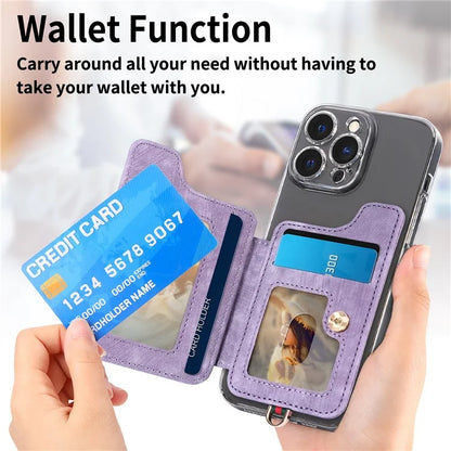 KB-36 Retro Card Holder Adhesive Pouch Kickstand Card Bag with Ring Holder, Strap