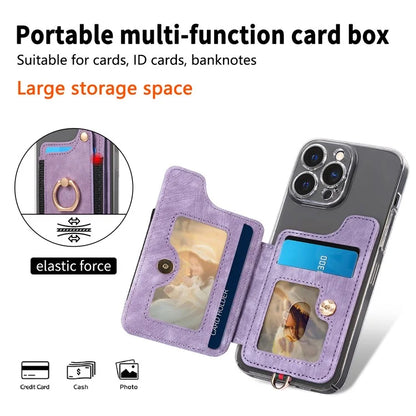 KB-36 Retro Card Holder Adhesive Pouch Kickstand Card Bag with Ring Holder, Strap