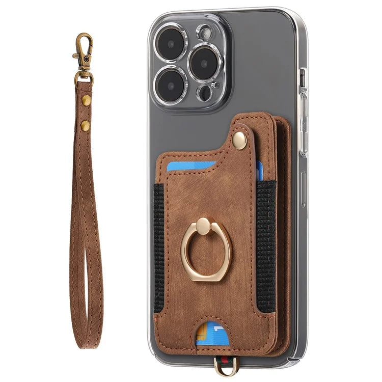 KB-36 Retro Card Holder Adhesive Pouch Kickstand Card Bag with Ring Holder, Strap