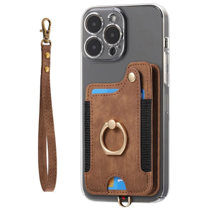 KB-36 Retro Card Holder Adhesive Pouch Kickstand Card Bag with Ring Holder, Strap