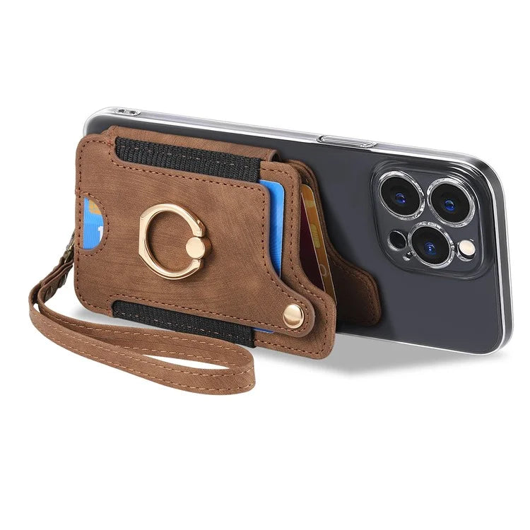 KB-36 Retro Card Holder Adhesive Pouch Kickstand Card Bag with Ring Holder, Strap