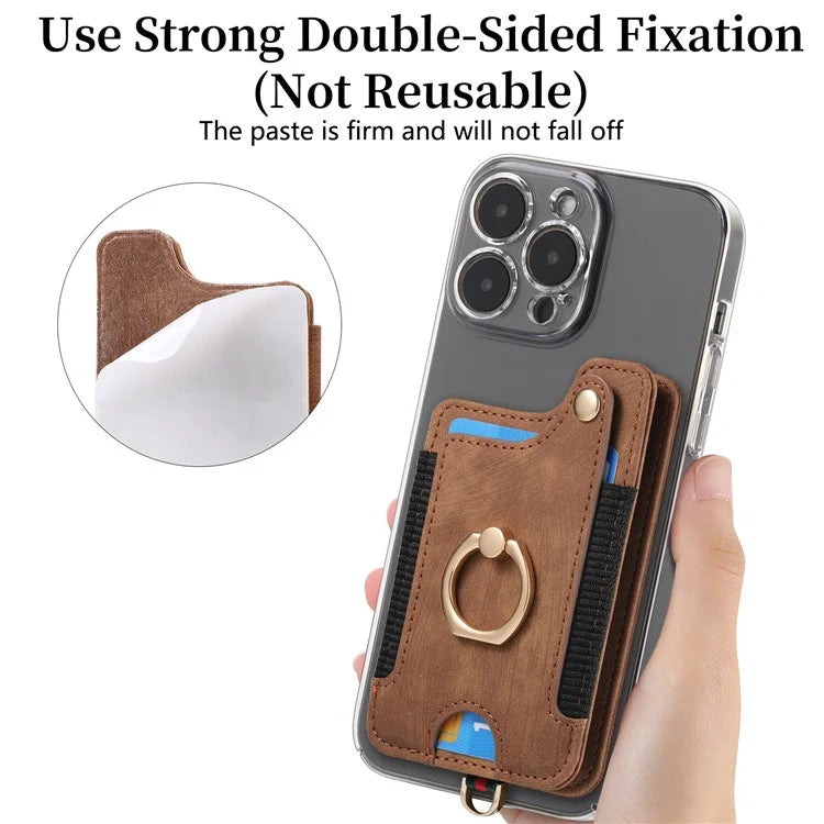 KB-36 Retro Card Holder Adhesive Pouch Kickstand Card Bag with Ring Holder, Strap