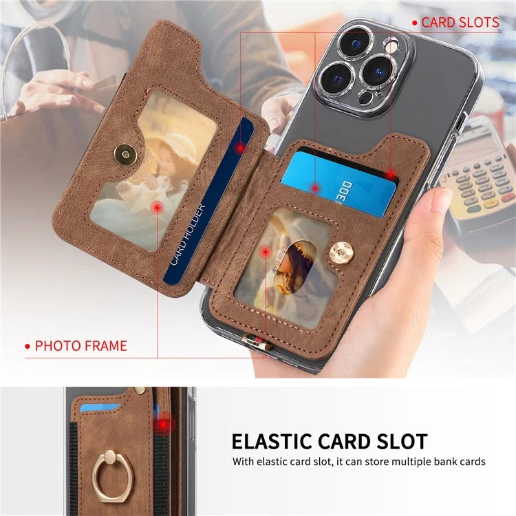 KB-36 Retro Card Holder Adhesive Pouch Kickstand Card Bag with Ring Holder, Strap