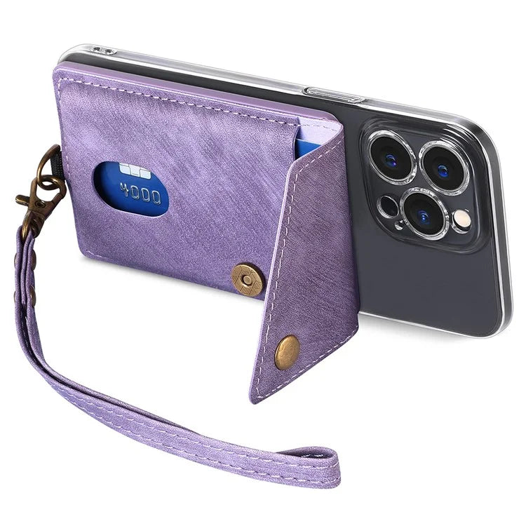 KB-35 Adhesive Phone Back Card Holder Retro PU Leather Flip Lid Card Bag with Hand Strap