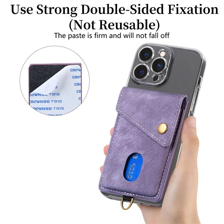 KB-35 Adhesive Phone Back Card Holder Retro PU Leather Flip Lid Card Bag with Hand Strap