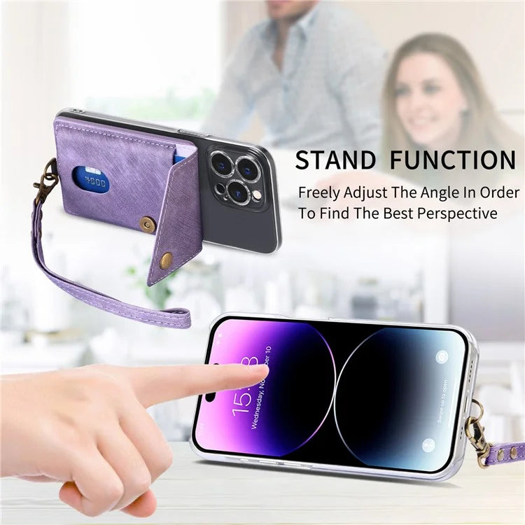 KB-35 Adhesive Phone Back Card Holder Retro PU Leather Flip Lid Card Bag with Hand Strap