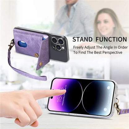 KB-35 Adhesive Phone Back Card Holder Retro PU Leather Flip Lid Card Bag with Hand Strap
