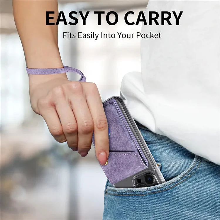 KB-35 Adhesive Phone Back Card Holder Retro PU Leather Flip Lid Card Bag with Hand Strap
