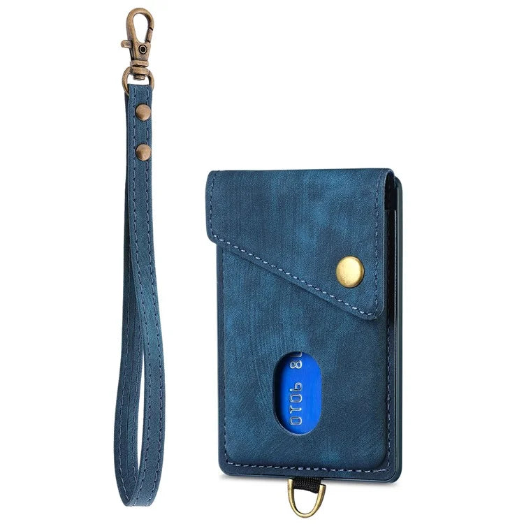 KB-35 Adhesive Phone Back Card Holder Retro PU Leather Flip Lid Card Bag with Hand Strap