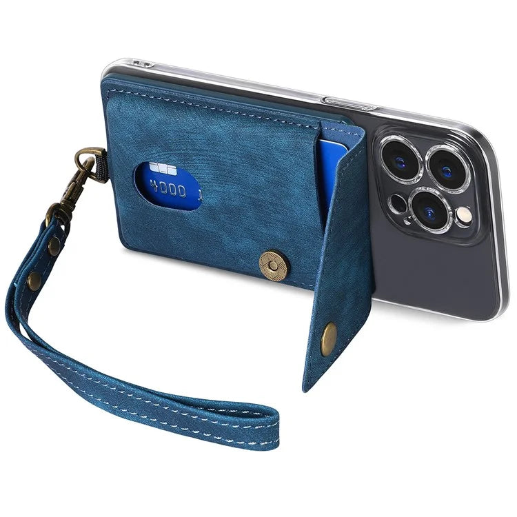 KB-35 Adhesive Phone Back Card Holder Retro PU Leather Flip Lid Card Bag with Hand Strap