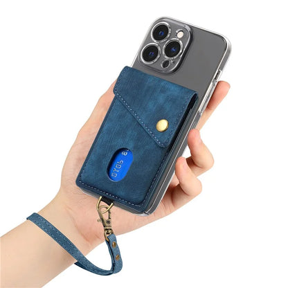 KB-35 Adhesive Phone Back Card Holder Retro PU Leather Flip Lid Card Bag with Hand Strap