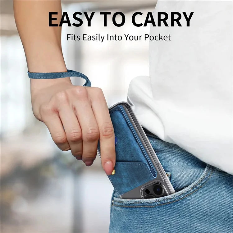 KB-35 Adhesive Phone Back Card Holder Retro PU Leather Flip Lid Card Bag with Hand Strap