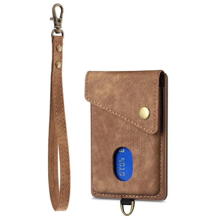 KB-35 Adhesive Phone Back Card Holder Retro PU Leather Flip Lid Card Bag with Hand Strap