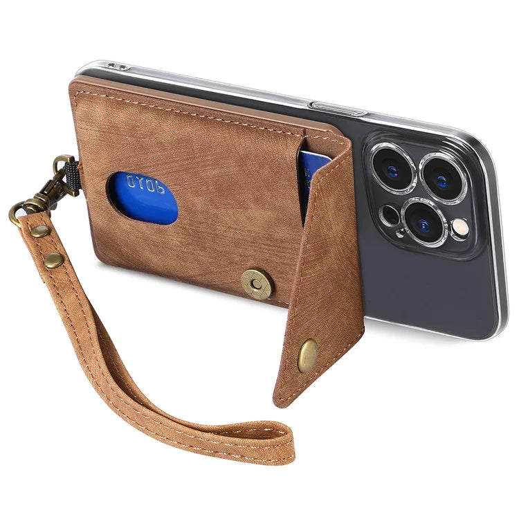 KB-35 Adhesive Phone Back Card Holder Retro PU Leather Flip Lid Card Bag with Hand Strap