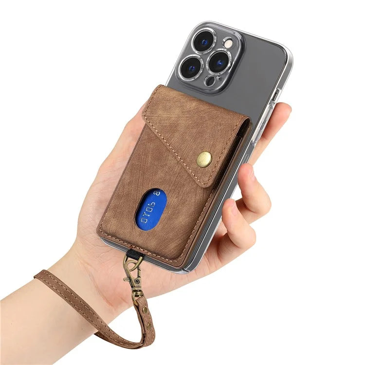 KB-35 Adhesive Phone Back Card Holder Retro PU Leather Flip Lid Card Bag with Hand Strap