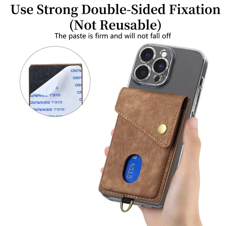 KB-35 Adhesive Phone Back Card Holder Retro PU Leather Flip Lid Card Bag with Hand Strap