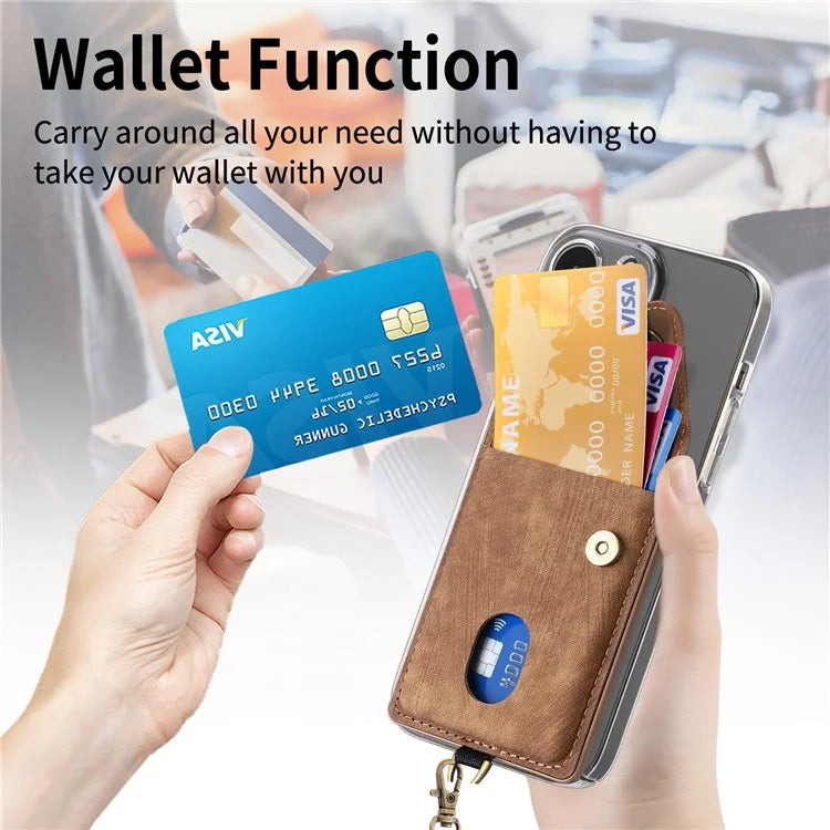 KB-35 Adhesive Phone Back Card Holder Retro PU Leather Flip Lid Card Bag with Hand Strap