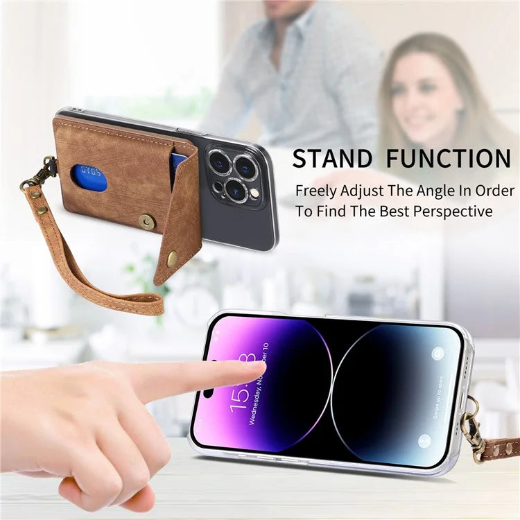 KB-35 Adhesive Phone Back Card Holder Retro PU Leather Flip Lid Card Bag with Hand Strap
