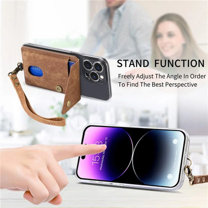 KB-35 Adhesive Phone Back Card Holder Retro PU Leather Flip Lid Card Bag with Hand Strap