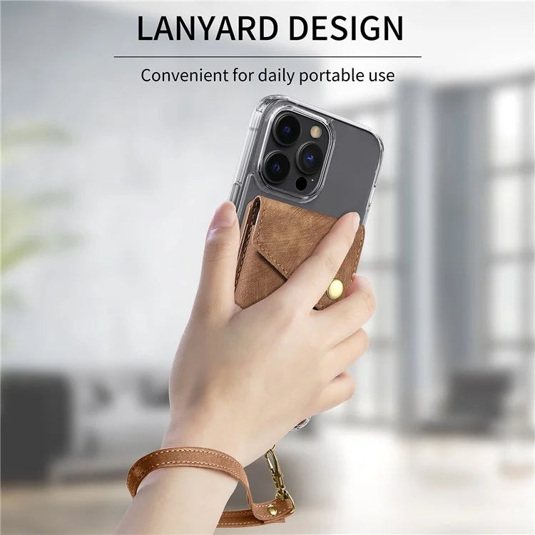 KB-35 Adhesive Phone Back Card Holder Retro PU Leather Flip Lid Card Bag with Hand Strap