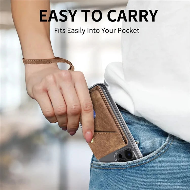 KB-35 Adhesive Phone Back Card Holder Retro PU Leather Flip Lid Card Bag with Hand Strap