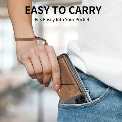 KB-35 Adhesive Phone Back Card Holder Retro PU Leather Flip Lid Card Bag with Hand Strap