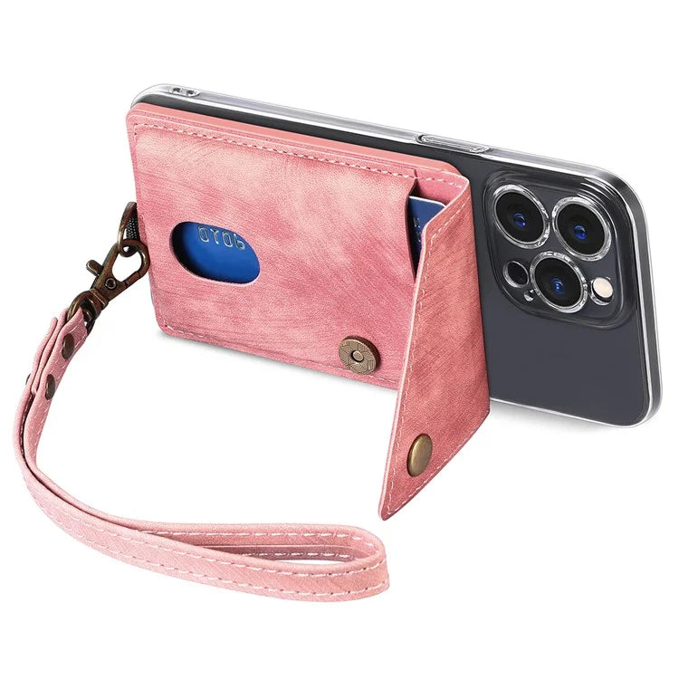 KB-35 Adhesive Phone Back Card Holder Retro PU Leather Flip Lid Card Bag with Hand Strap