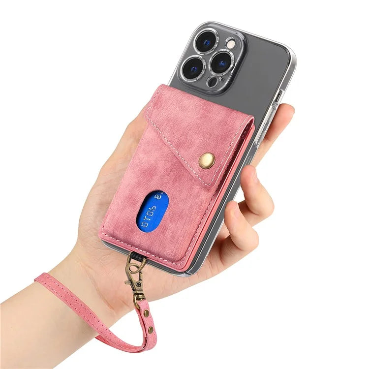 KB-35 Adhesive Phone Back Card Holder Retro PU Leather Flip Lid Card Bag with Hand Strap