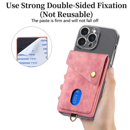 KB-35 Adhesive Phone Back Card Holder Retro PU Leather Flip Lid Card Bag with Hand Strap