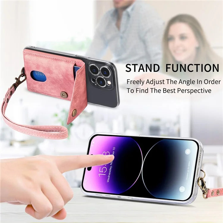 KB-35 Adhesive Phone Back Card Holder Retro PU Leather Flip Lid Card Bag with Hand Strap