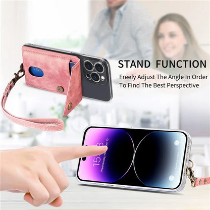 KB-35 Adhesive Phone Back Card Holder Retro PU Leather Flip Lid Card Bag with Hand Strap