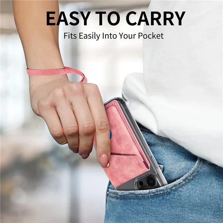 KB-35 Adhesive Phone Back Card Holder Retro PU Leather Flip Lid Card Bag with Hand Strap
