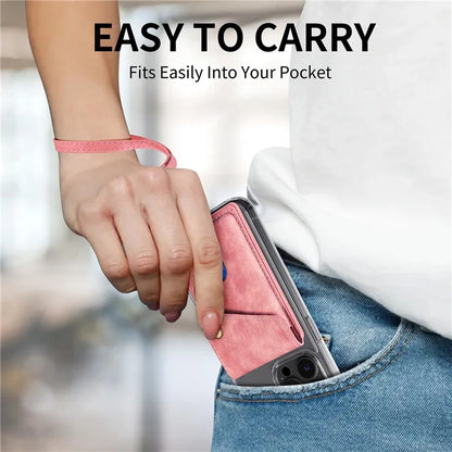 KB-35 Adhesive Phone Back Card Holder Retro PU Leather Flip Lid Card Bag with Hand Strap