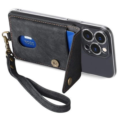 KB-35 Adhesive Phone Back Card Holder Retro PU Leather Flip Lid Card Bag with Hand Strap