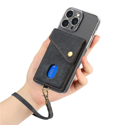 KB-35 Adhesive Phone Back Card Holder Retro PU Leather Flip Lid Card Bag with Hand Strap