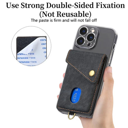 KB-35 Adhesive Phone Back Card Holder Retro PU Leather Flip Lid Card Bag with Hand Strap