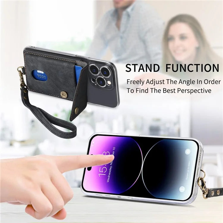 KB-35 Adhesive Phone Back Card Holder Retro PU Leather Flip Lid Card Bag with Hand Strap