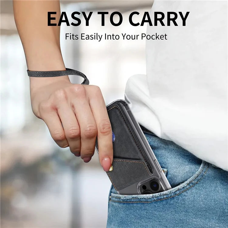 KB-35 Adhesive Phone Back Card Holder Retro PU Leather Flip Lid Card Bag with Hand Strap