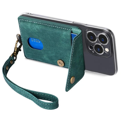 KB-35 Adhesive Phone Back Card Holder Retro PU Leather Flip Lid Card Bag with Hand Strap