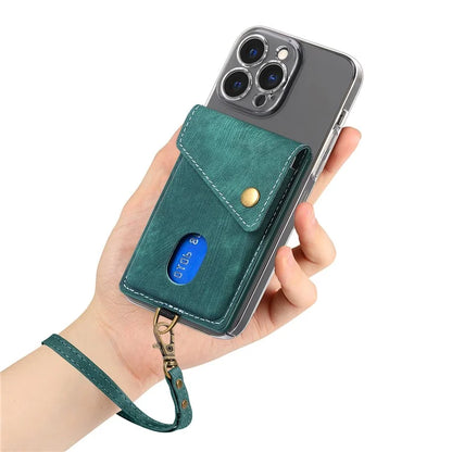 KB-35 Adhesive Phone Back Card Holder Retro PU Leather Flip Lid Card Bag with Hand Strap