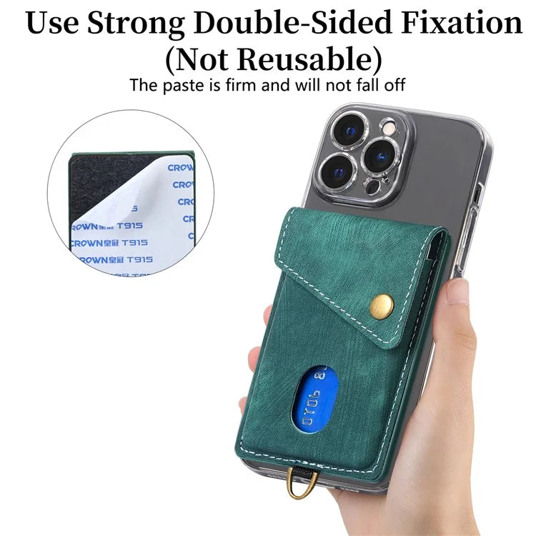 KB-35 Adhesive Phone Back Card Holder Retro PU Leather Flip Lid Card Bag with Hand Strap