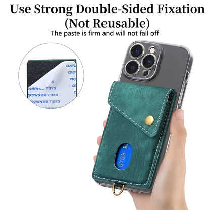 KB-35 Adhesive Phone Back Card Holder Retro PU Leather Flip Lid Card Bag with Hand Strap