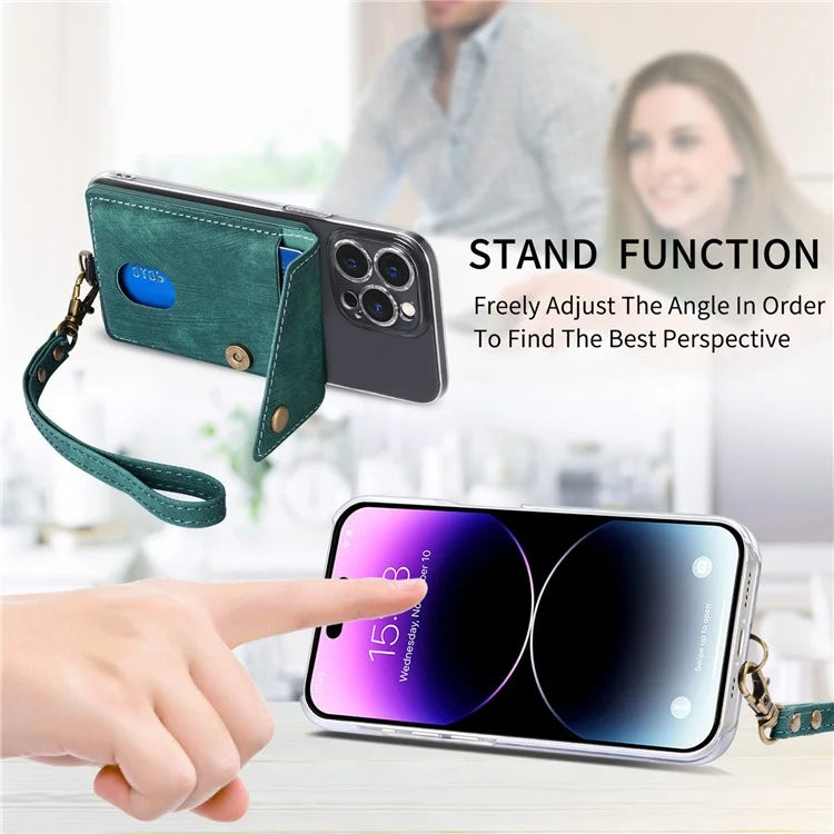 KB-35 Adhesive Phone Back Card Holder Retro PU Leather Flip Lid Card Bag with Hand Strap