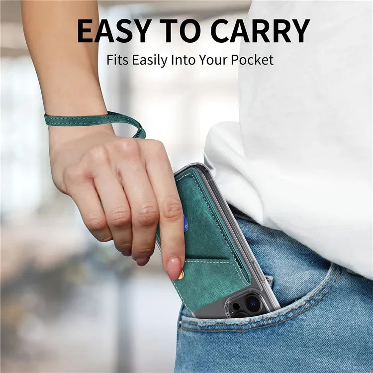 KB-35 Adhesive Phone Back Card Holder Retro PU Leather Flip Lid Card Bag with Hand Strap