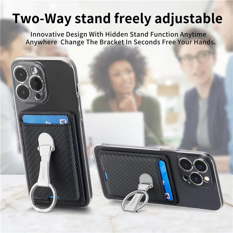 CASENEO KB-42 Card Holder Foldable Kickstand Carbon Fiber Texture Leather Adhesive Stick-On Card Pocket