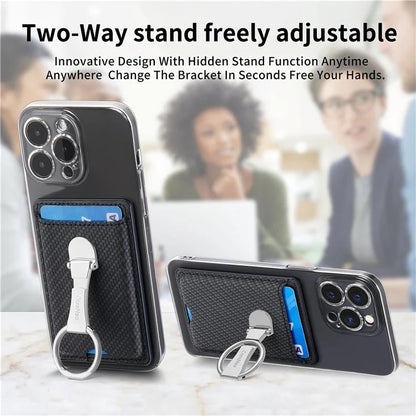CASENEO KB-42 Card Holder Foldable Kickstand Carbon Fiber Texture Leather Adhesive Stick-On Card Pocket