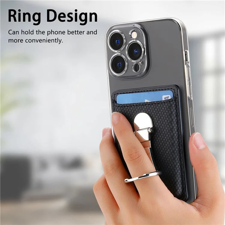 CASENEO KB-42 Card Holder Foldable Kickstand Carbon Fiber Texture Leather Adhesive Stick-On Card Pocket