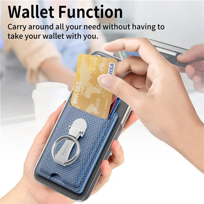 CASENEO KB-42 Card Holder Foldable Kickstand Carbon Fiber Texture Leather Adhesive Stick-On Card Pocket