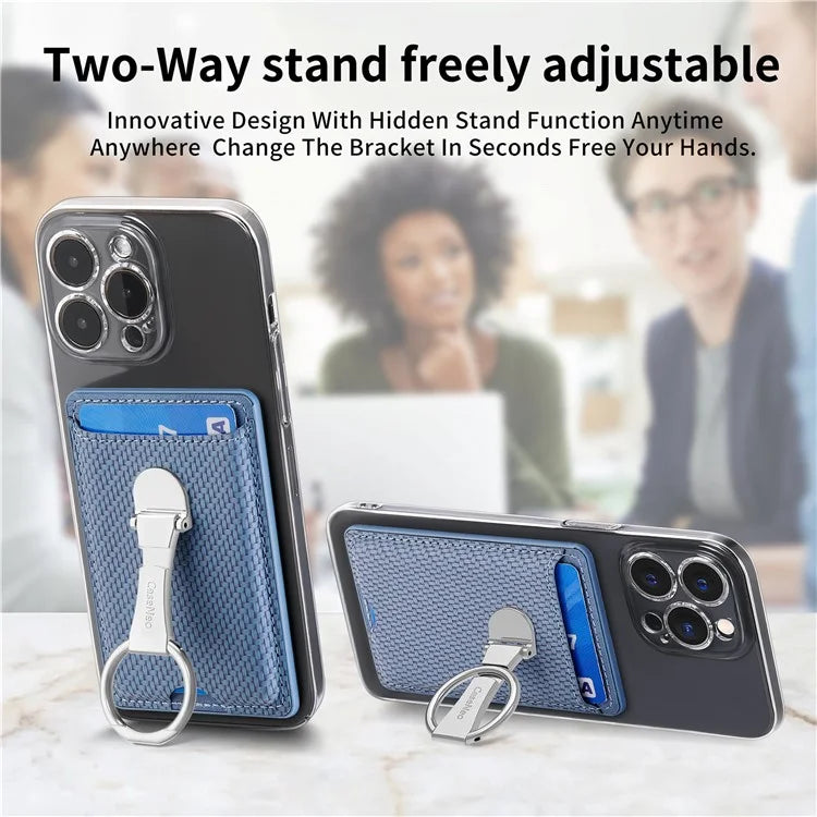 CASENEO KB-42 Card Holder Foldable Kickstand Carbon Fiber Texture Leather Adhesive Stick-On Card Pocket